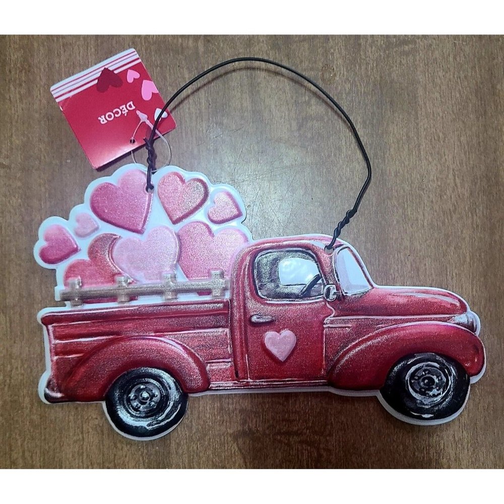 VALENTINE Red Pink Farm Pickup Truck Metal Wall Sign Hearts Brand New